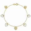 Gold bracelet with heart-shaped charms on a white background