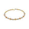 Three-tone gold, silver, and rose gold beaded bracelet on a white background