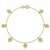 Gold bracelet with leaf charms on a white background