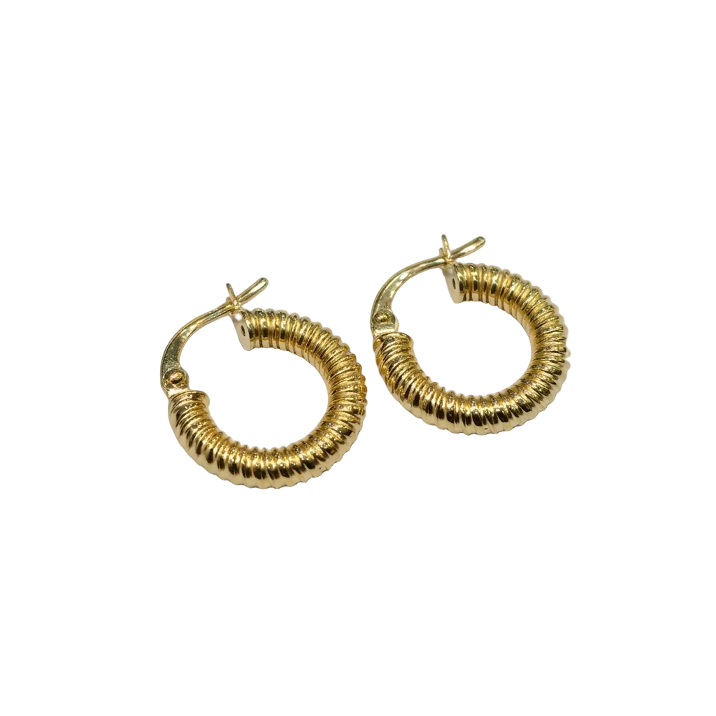 Gold hoop earrings on a gray background with weight and code information.