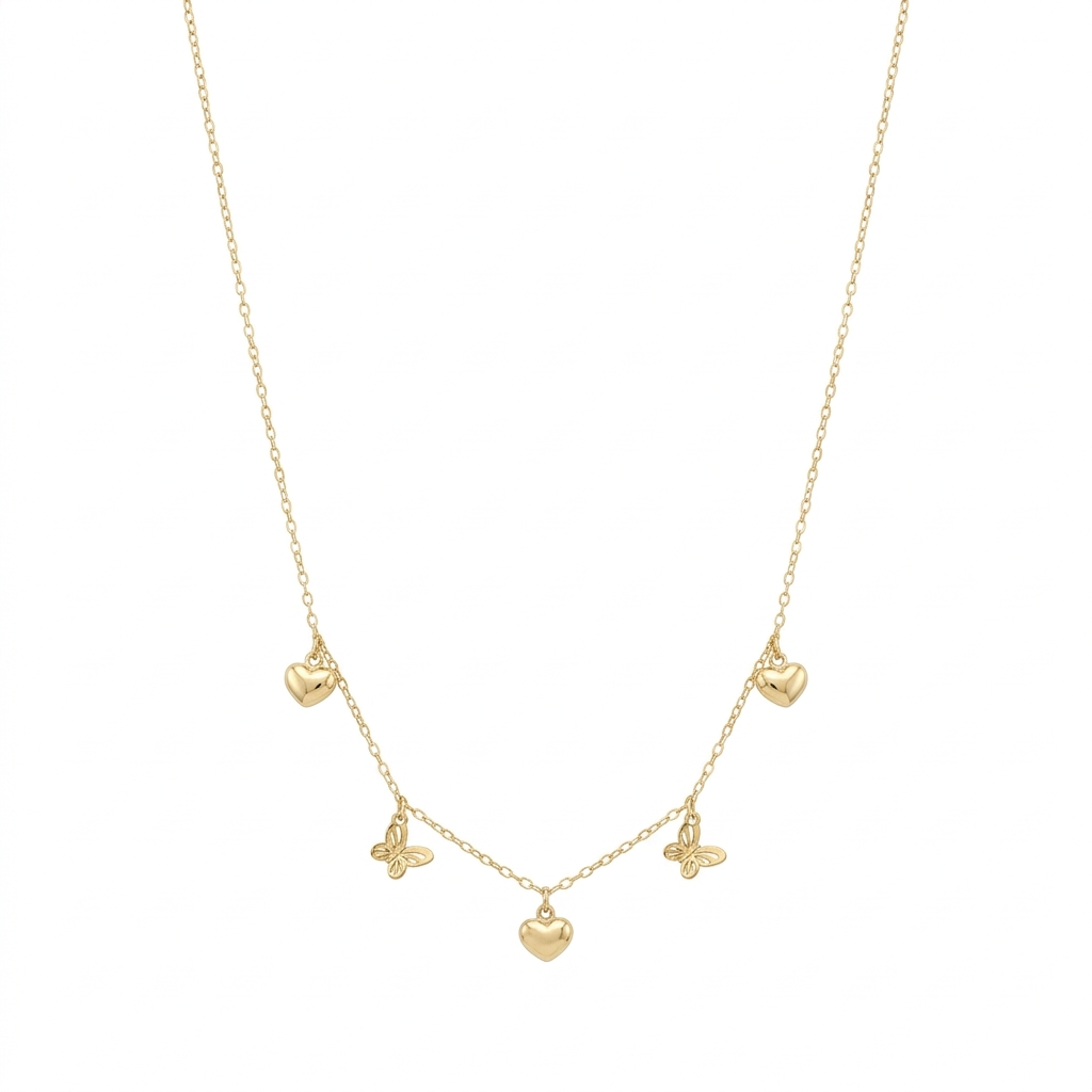 Gold necklace with heart and butterfly pendants on a white background