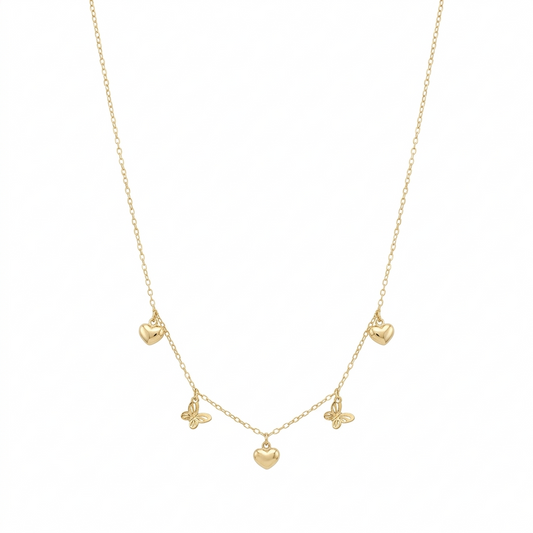 Gold necklace with heart and butterfly pendants on a white background
