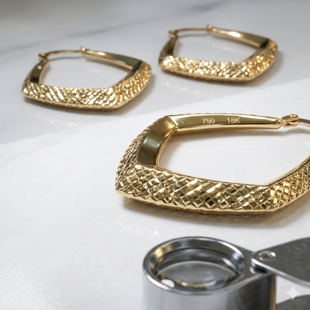 Gold hoop earrings with textured design on a white surface, accompanied by a magnifying glass.