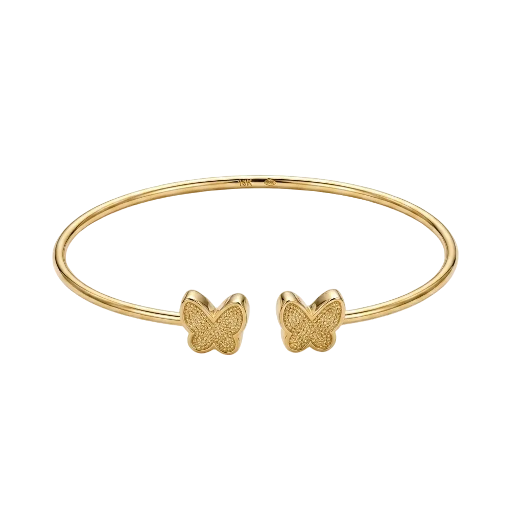 Gold bracelet with butterfly charms on a white background