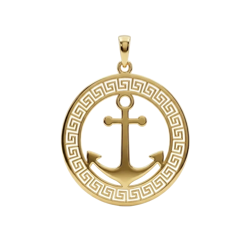 Gold anchor pendant with greek key design on a white background