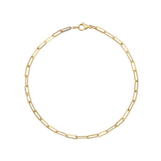 Gold paperclip chain necklace on a white background