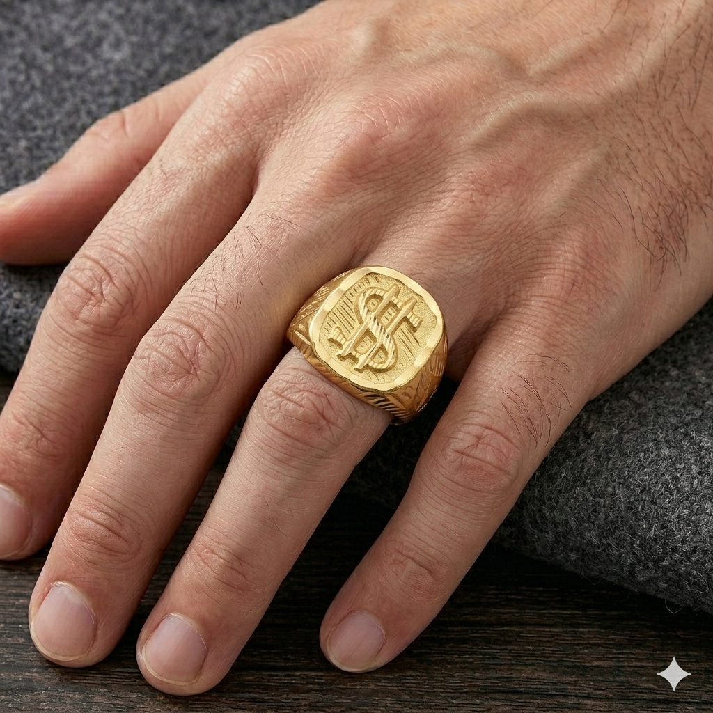 Gold ring with a logo on a person's hand against a dark background