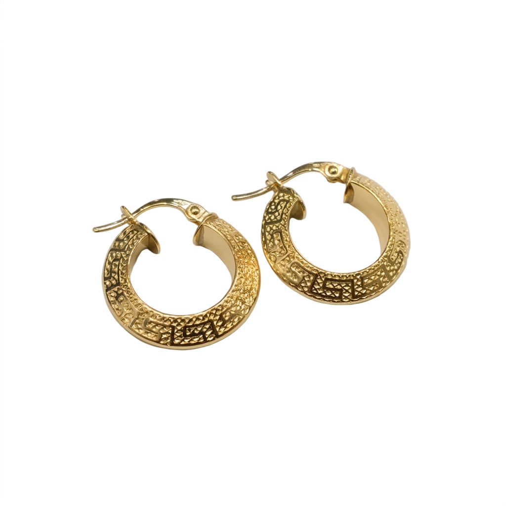 Gold hoop earrings with textured design on a white background