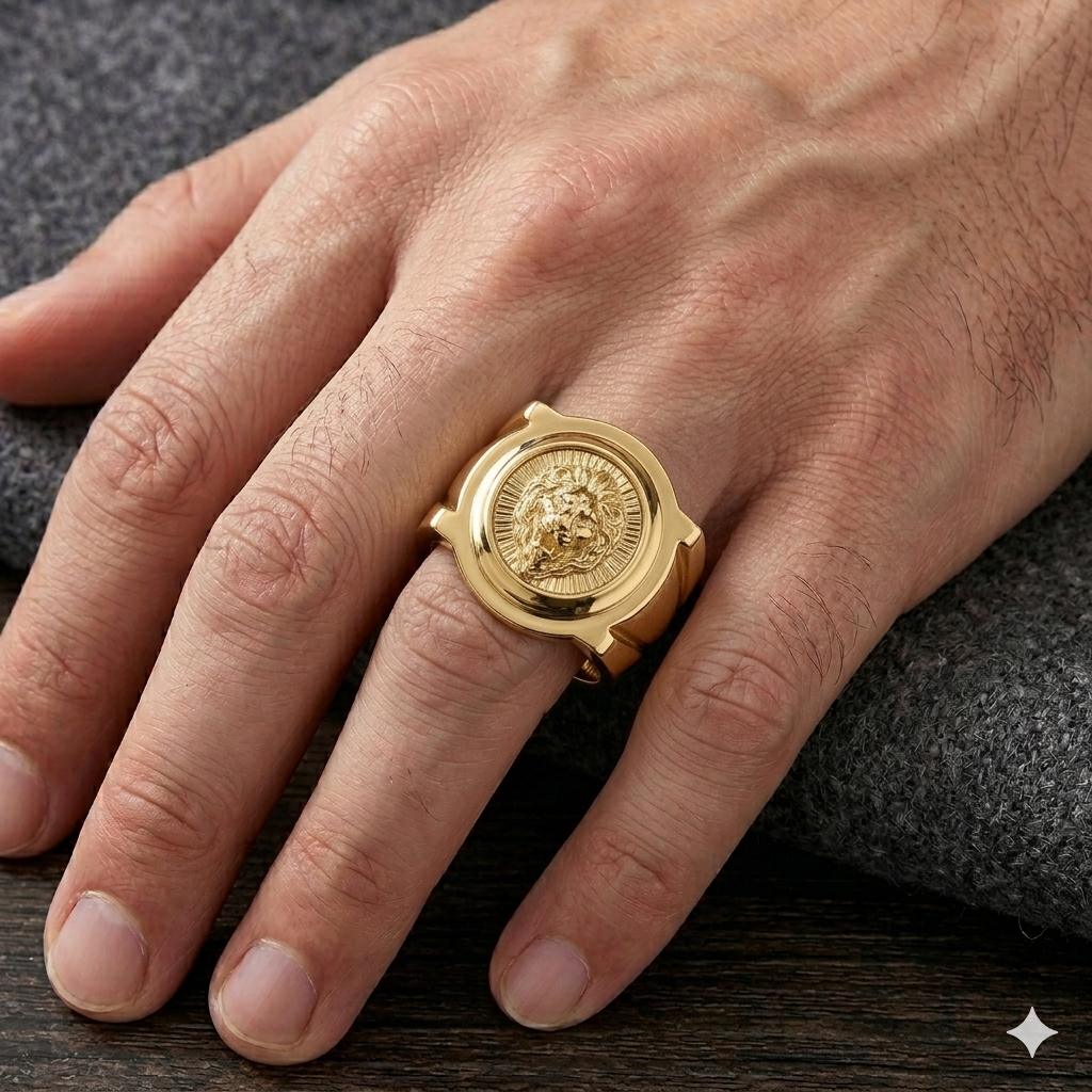 Gold ring with a detailed design on a person's finger against a dark background