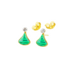 Gold earrings with green enamel triangle drops and round clear stones on white background