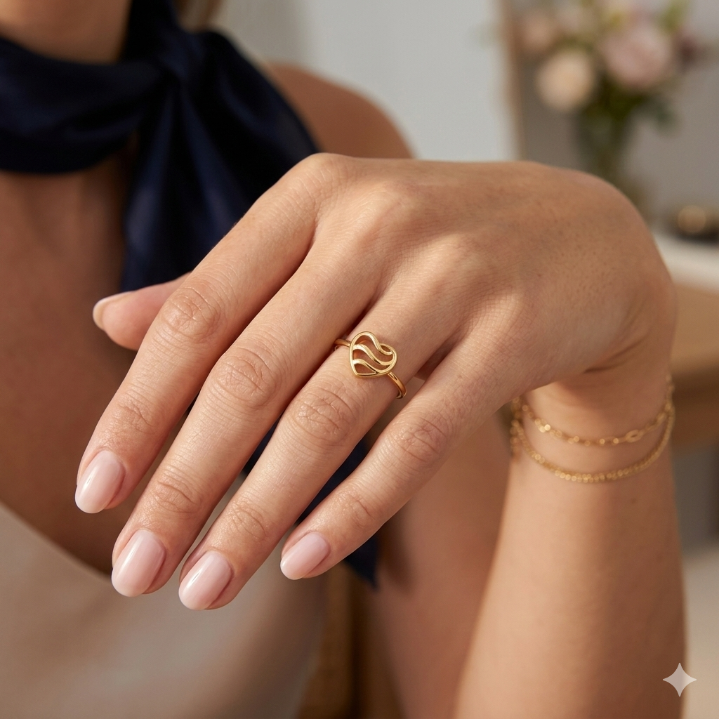 Hand wearing a gold ring with a wavy design on a blurred background