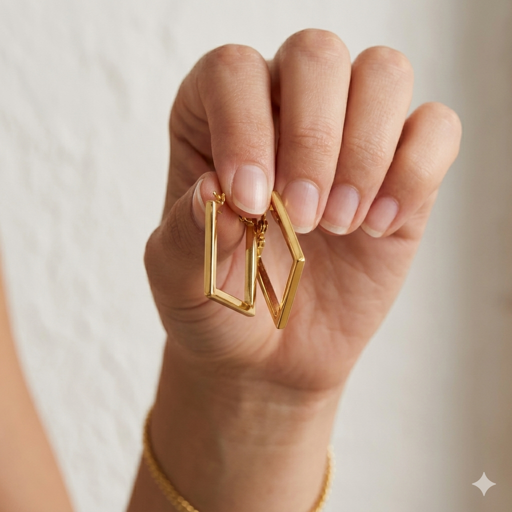Gold hoop earrings being held between fingers against a neutral background