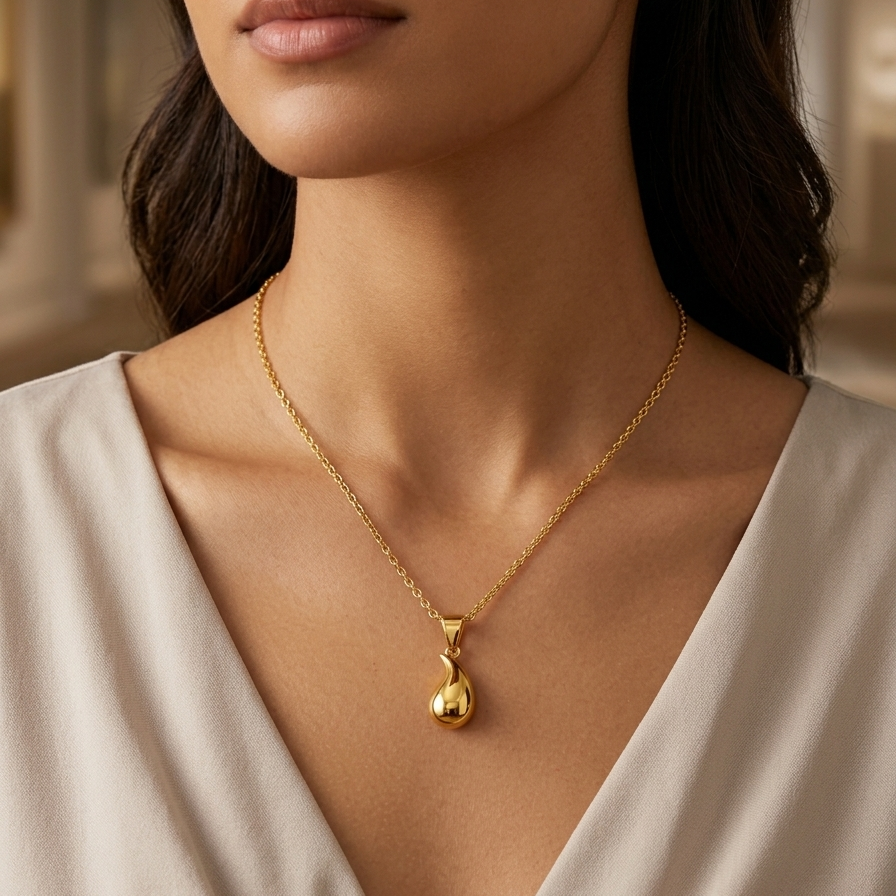 Woman wearing a gold necklace and earrings against a neutral background