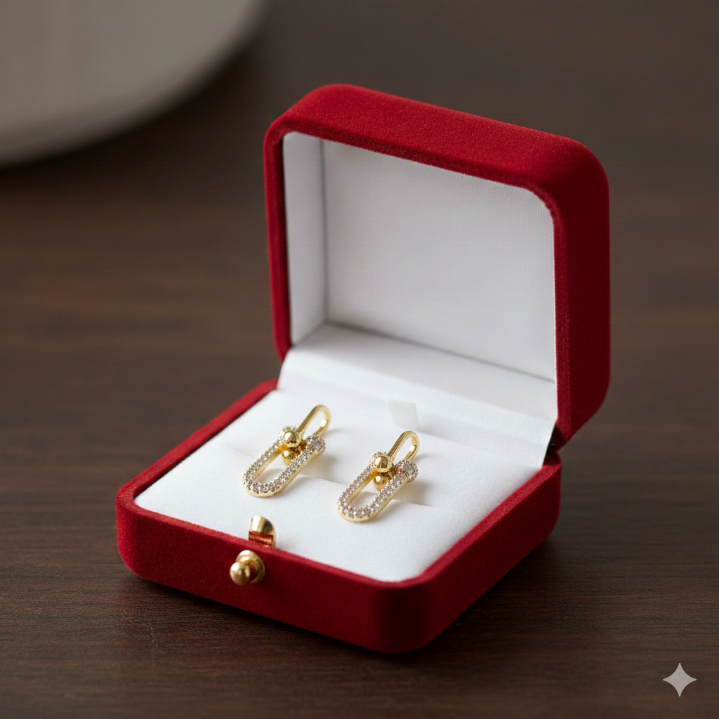 18K Real Gold Paper Clip Earrings With Zircon