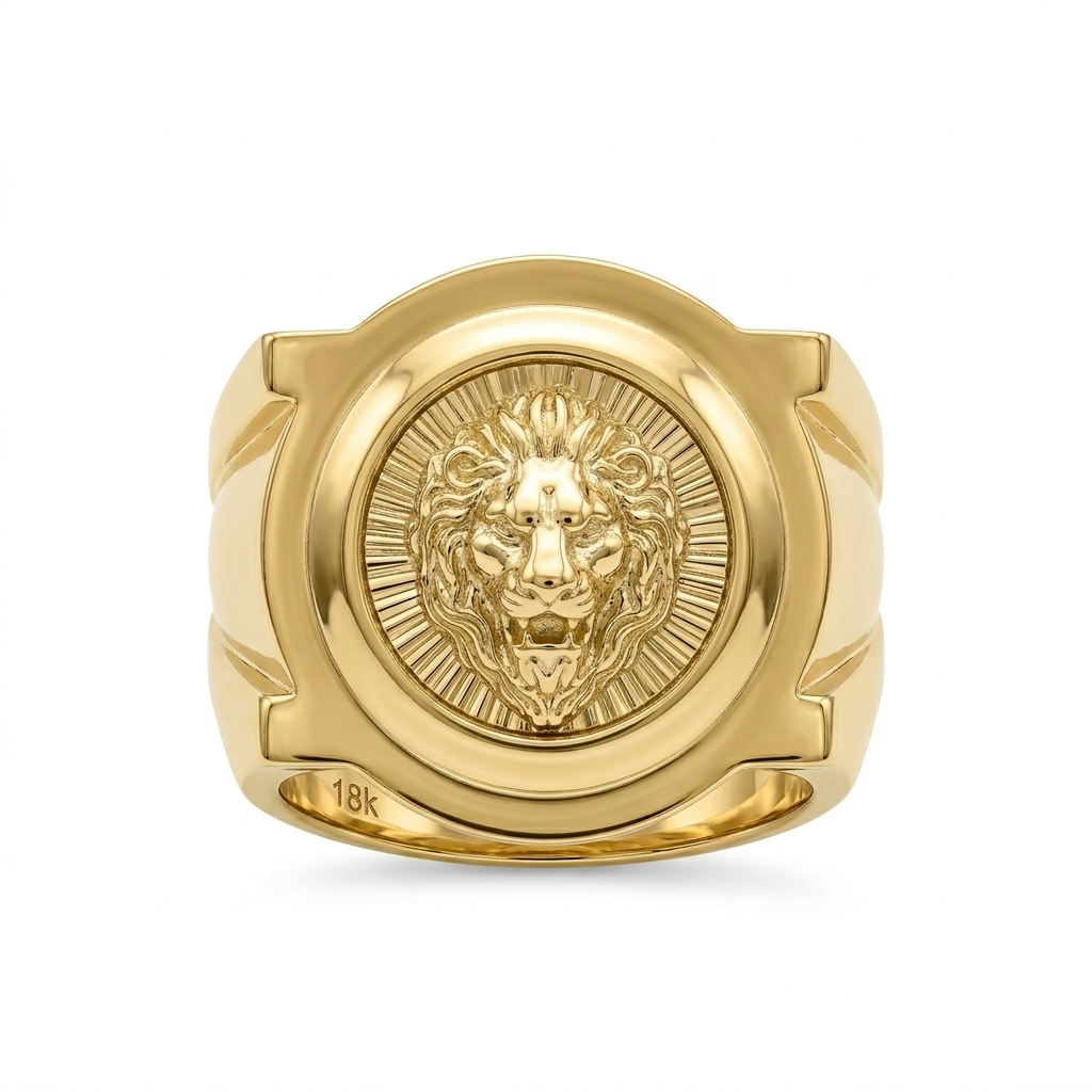 Gold ring with lion emblem on a white background