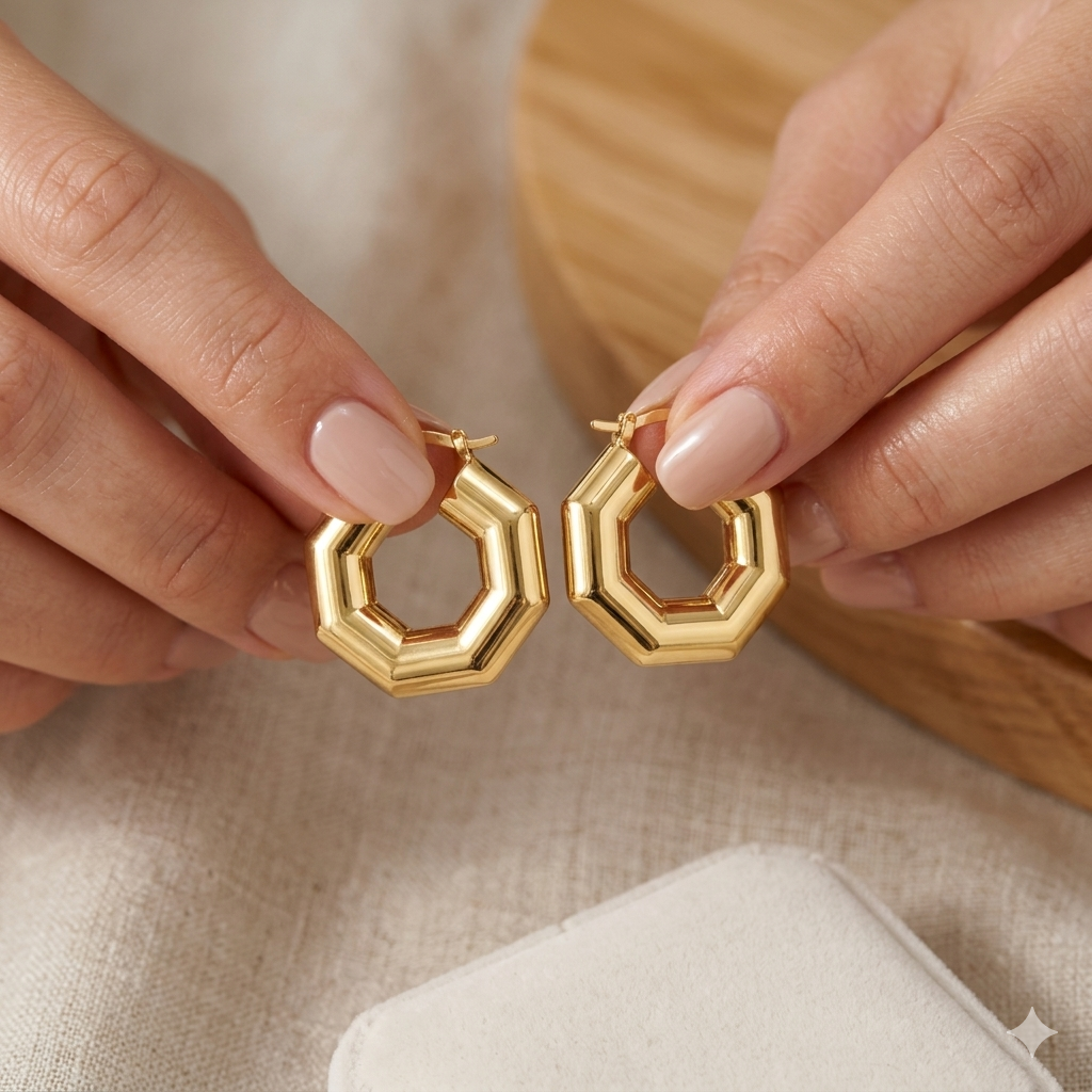 18k Gold Octagon Loop Earrings