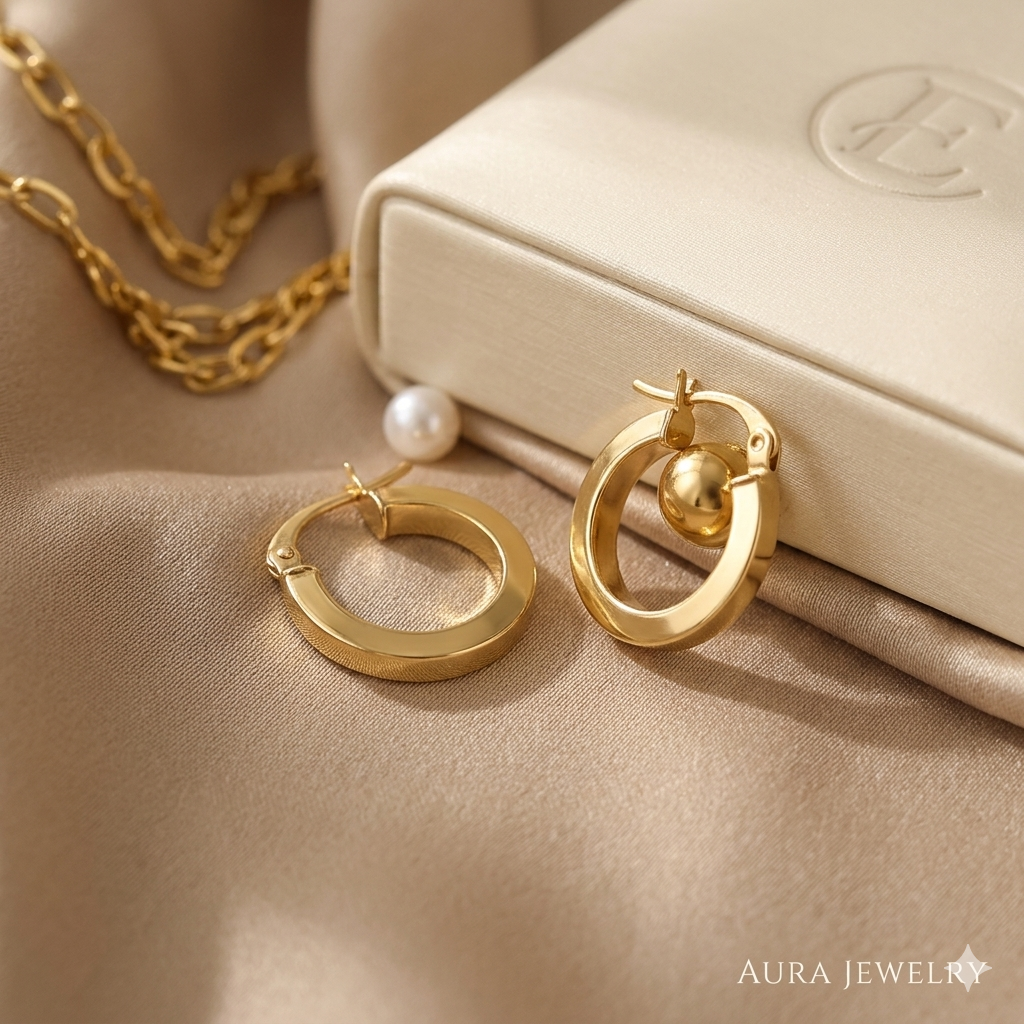 Gold hoop earrings on a beige fabric with a jewelry box in the background, featuring the 'Aura Jewelry' brand.