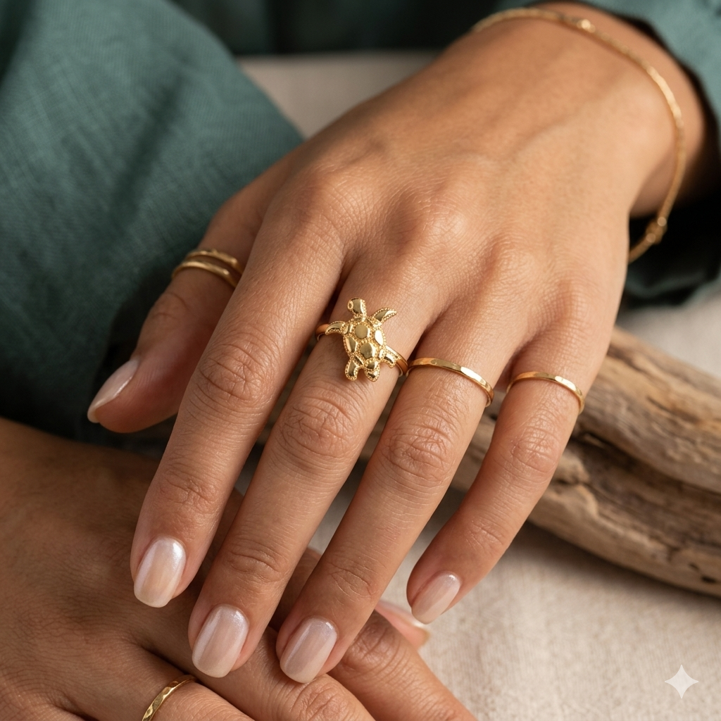 Close-up of a hand wearing multiple gold rings on a neutral background