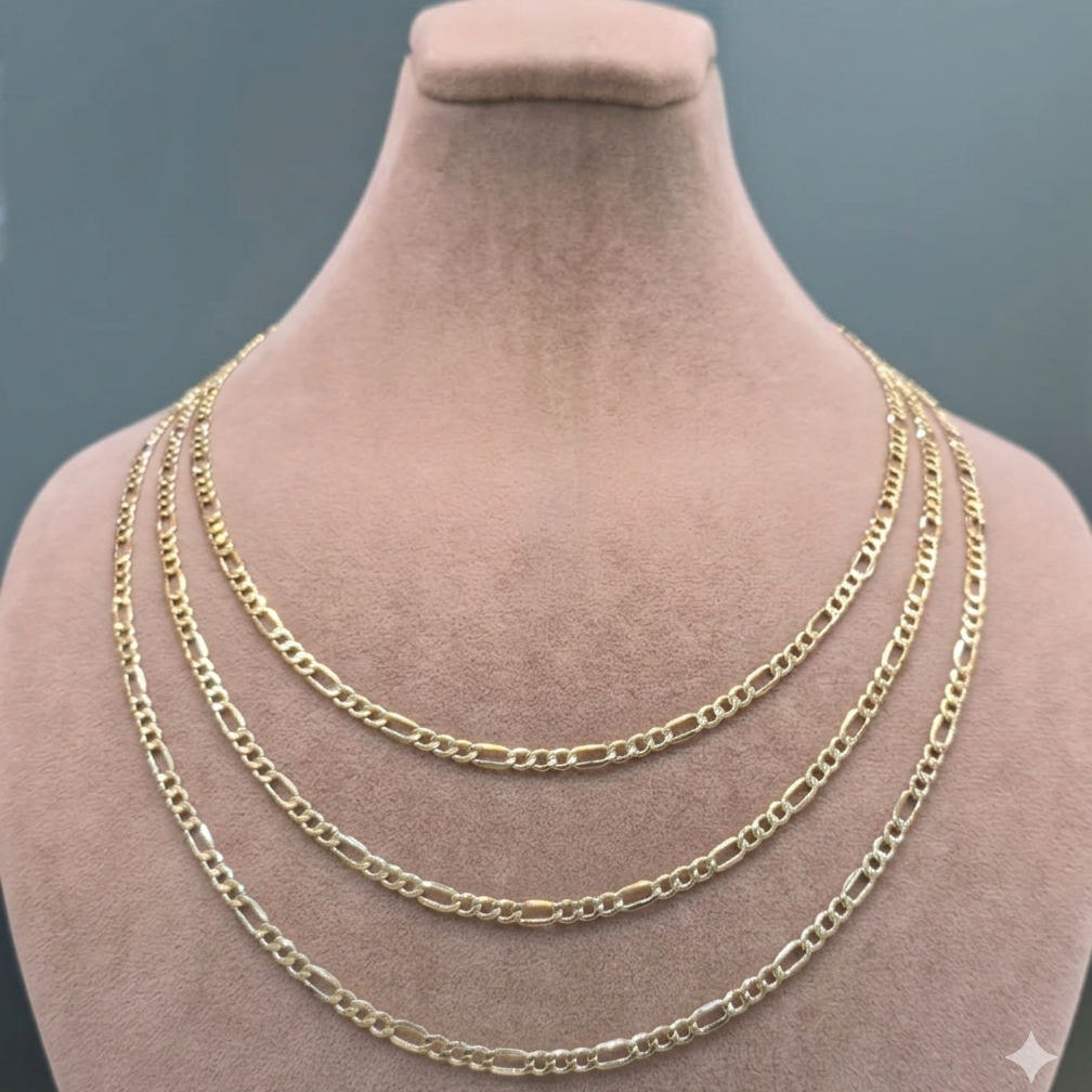 Gold chain necklace on a mannequin bust against a gray background
