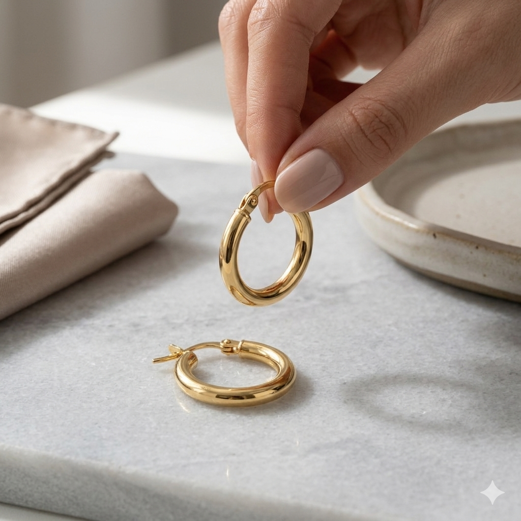 Gold hoop earrings being held by a hand on a light surface.