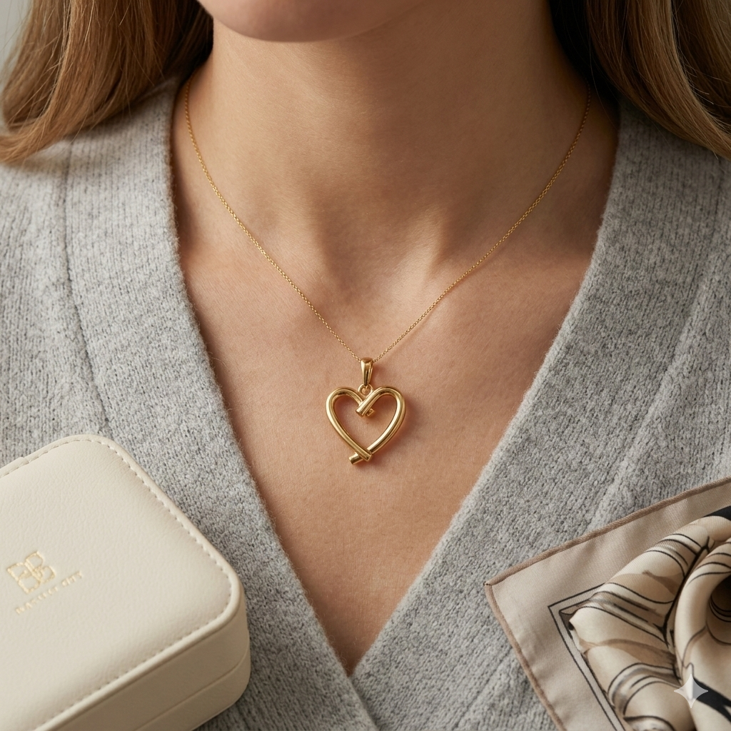 Woman wearing a gold heart-shaped necklace with a blurred background