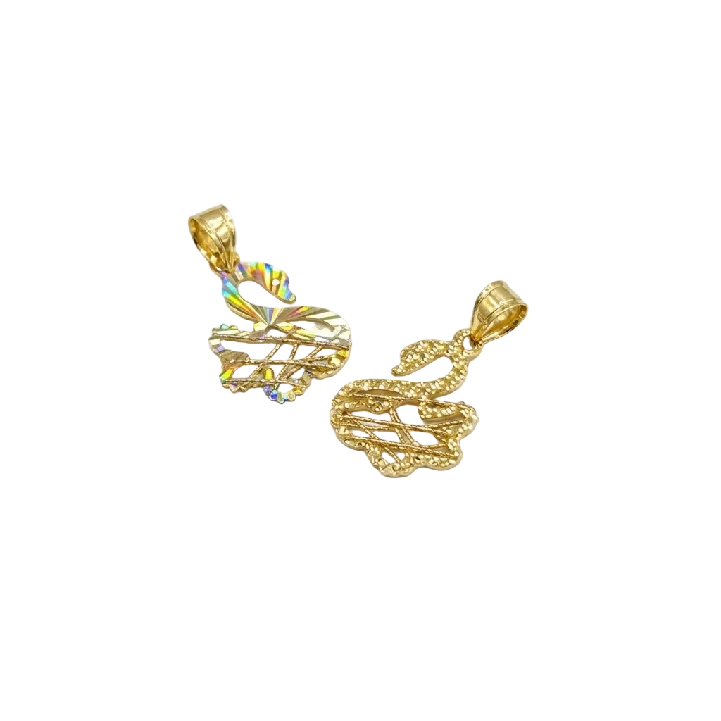 Two gold hand-shaped pendants on a white background
