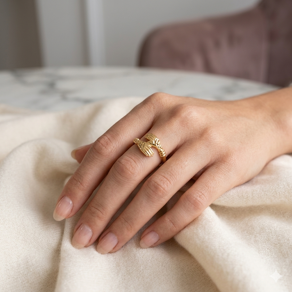 Hand wearing a gold ring on a light fabric surface