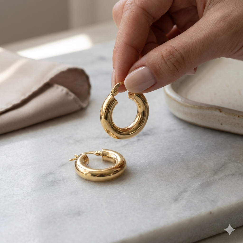 Gold hoop earrings held by a hand on a marble surface