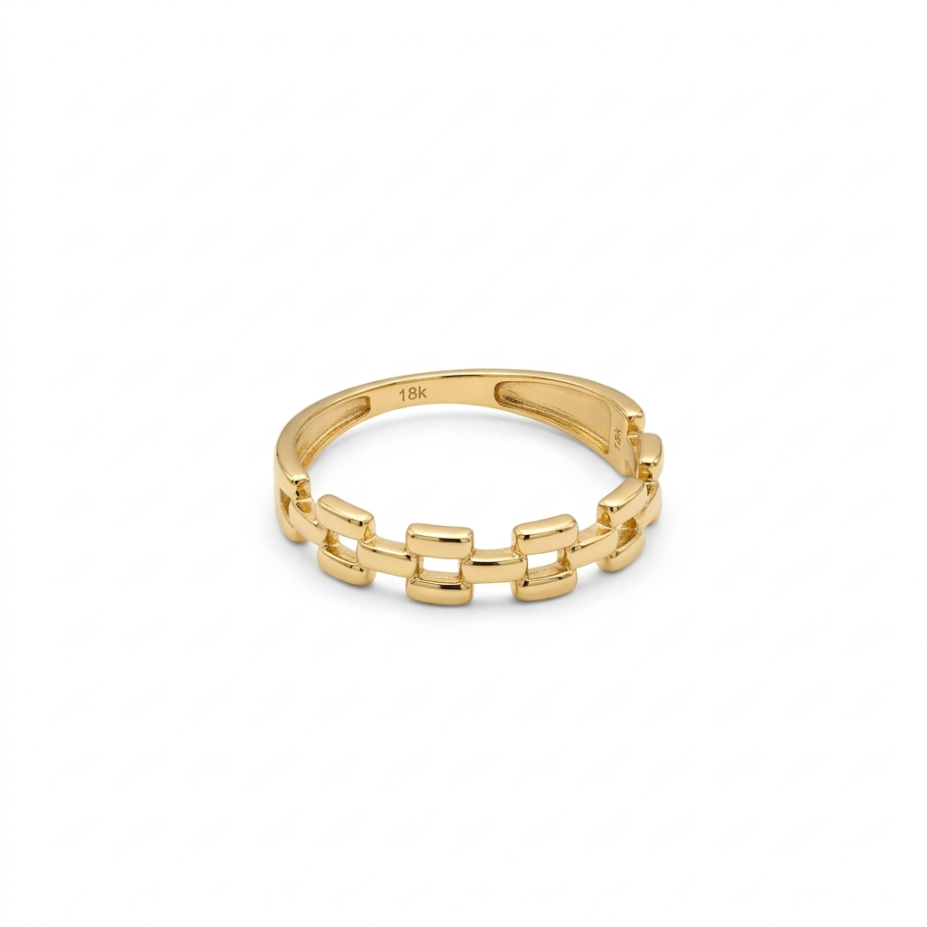 Gold ring with chain design on a white background