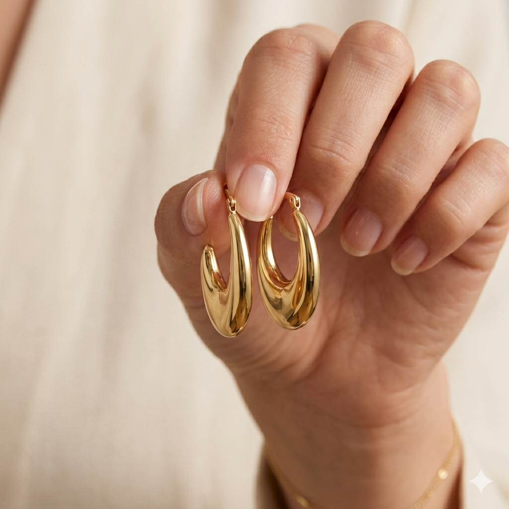 Gold hoop earrings held by a hand against a neutral background