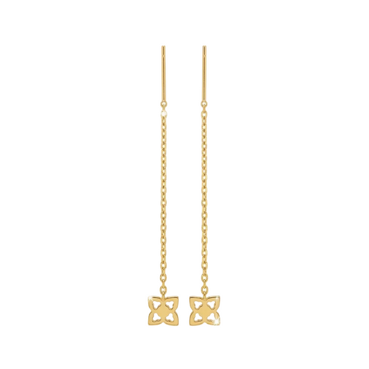 Gold earrings with chain design on a white background