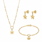 Gold jewelry set with star-shaped pendants including necklace, bracelet, and earrings on a white background.