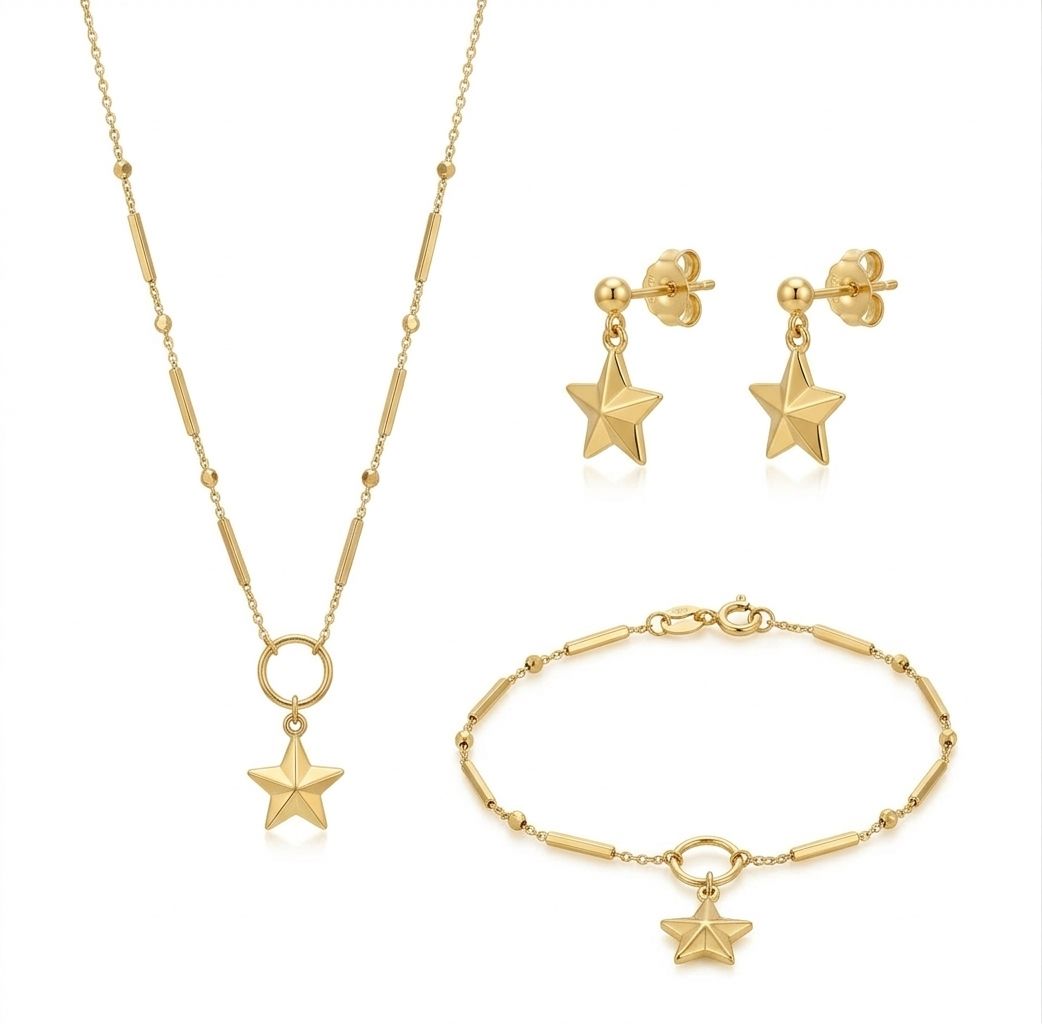Gold jewelry set with star-shaped pendants including necklace, bracelet, and earrings on a white background.