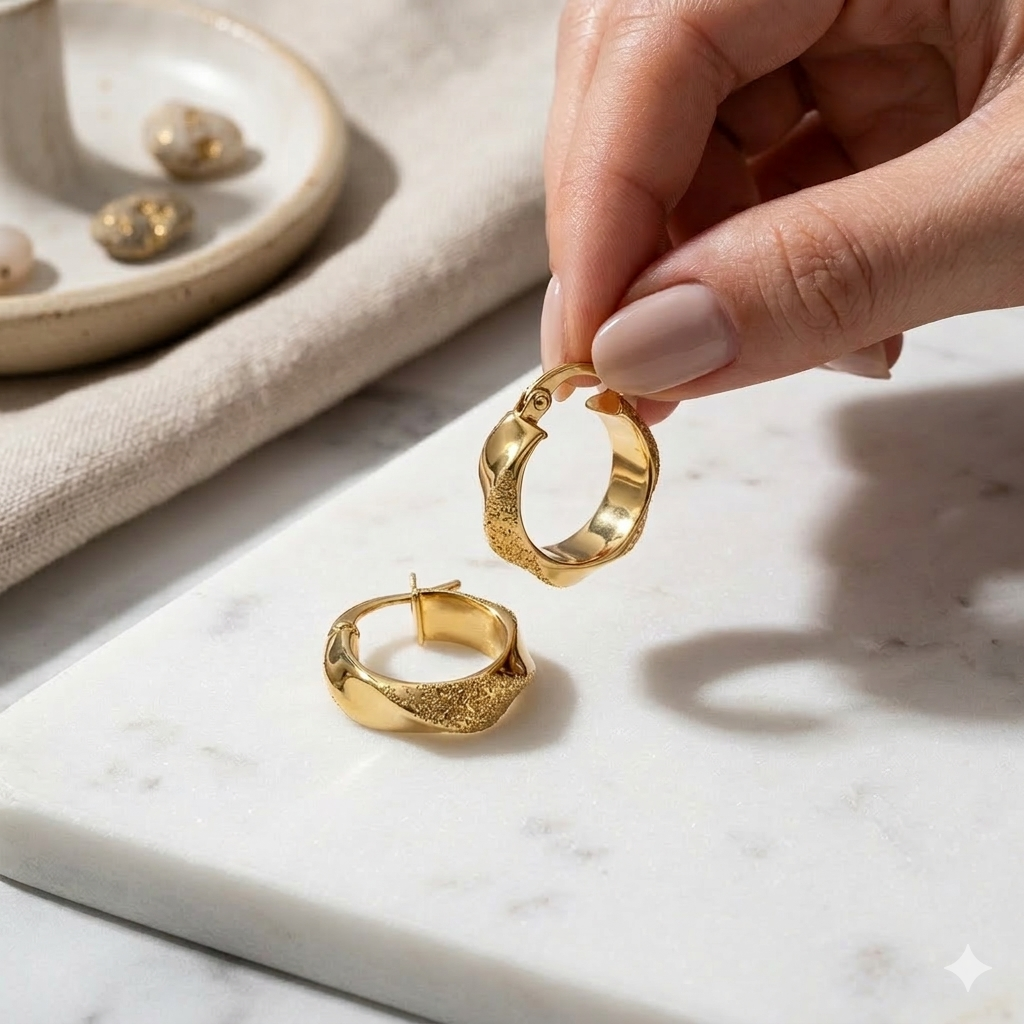 Gold hoop earrings being held by a hand on a marble surface with a beige cloth.
