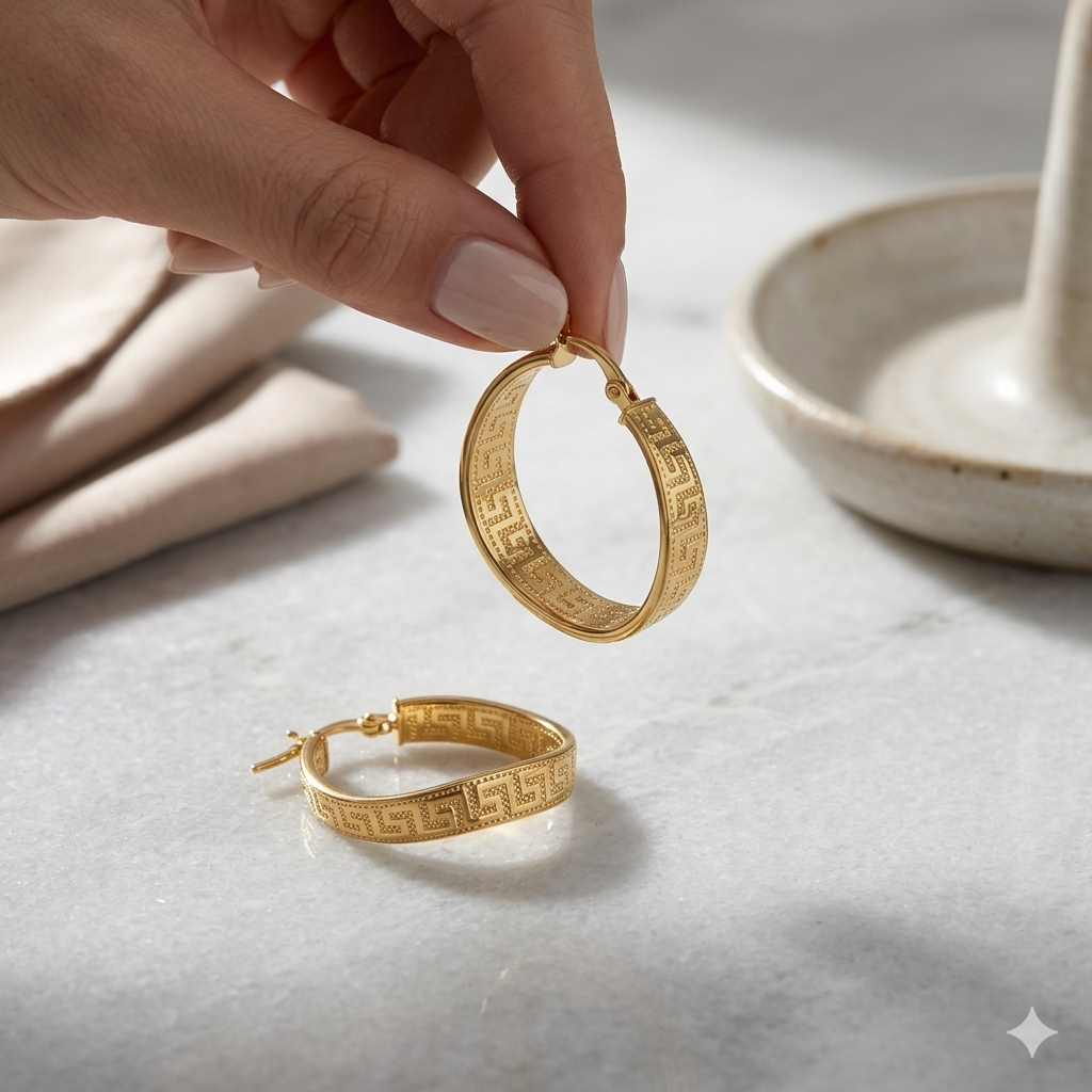 Gold hoop earrings being held above a light surface with a ceramic dish in the background.