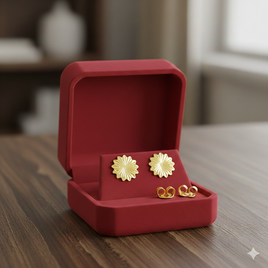 Gold floral stud earrings in a red jewelry box on a wooden table