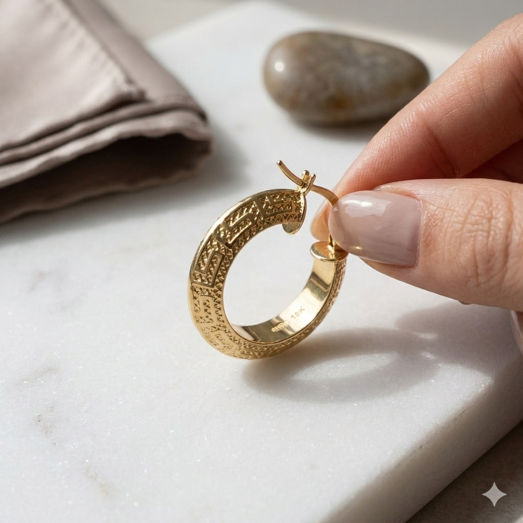 Gold hoop earring held by a hand on a marble surface with a stone in the background