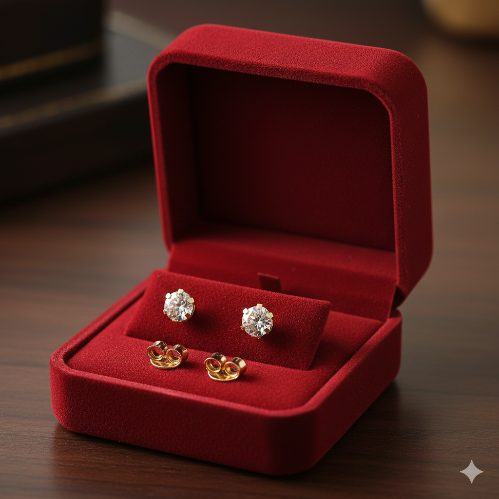 Gold diamond stud earrings in a red velvet jewelry box on wooden surface