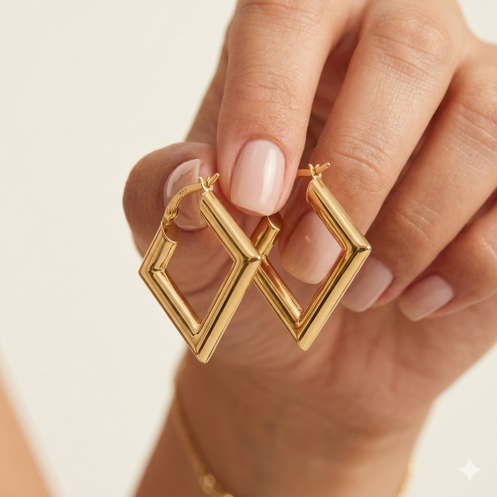 18k Gold Plain Cube Loop Earrings
