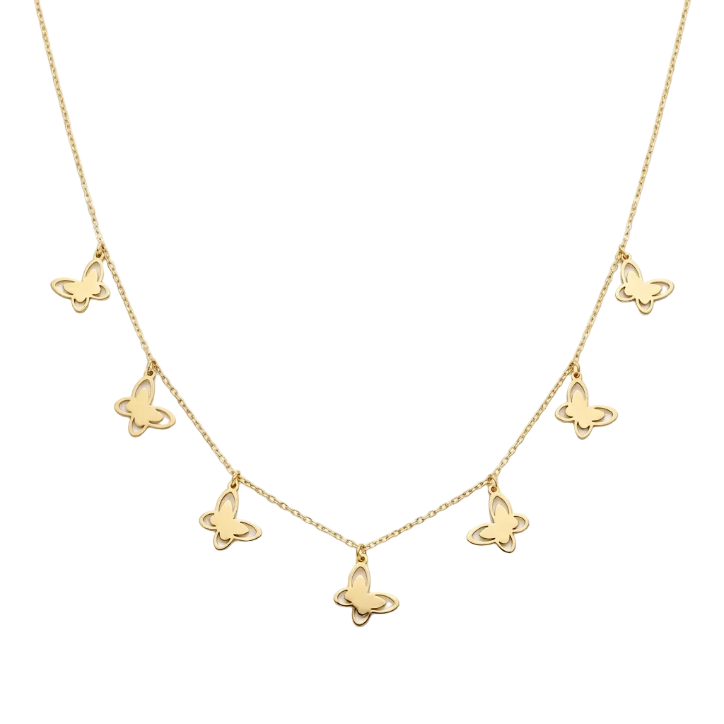 Gold butterfly necklace on a white background