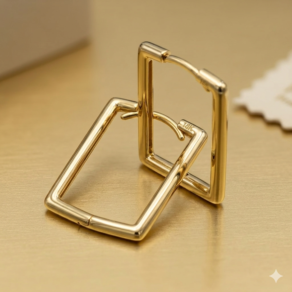 Gold hoop earrings on a gold surface