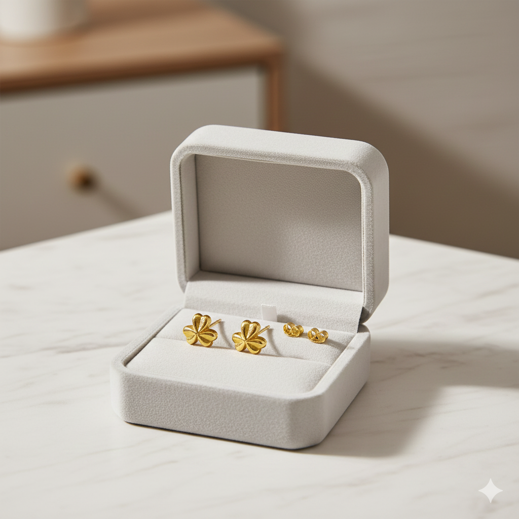 Gold earrings in an open jewelry box on a marble surface