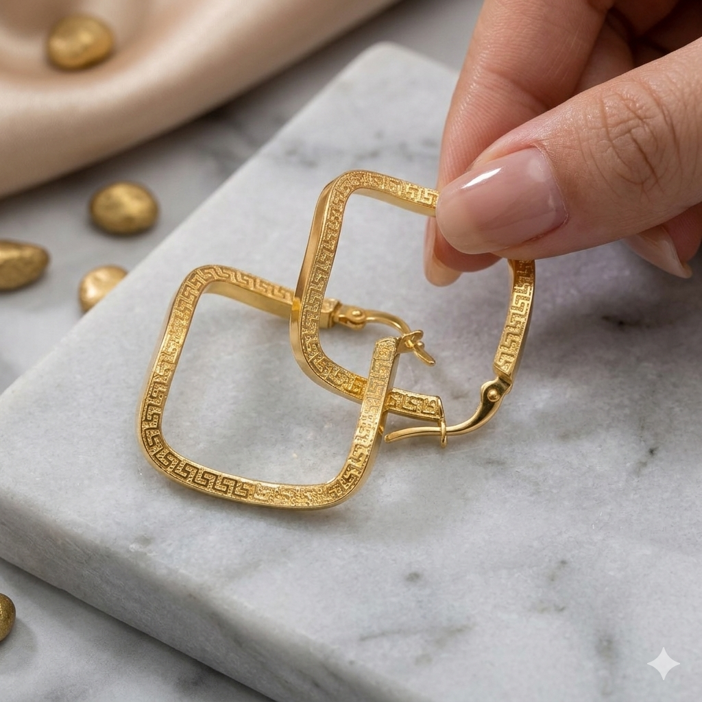 Gold hoop earrings being held by a hand on a marble surface with additional earrings in the background.