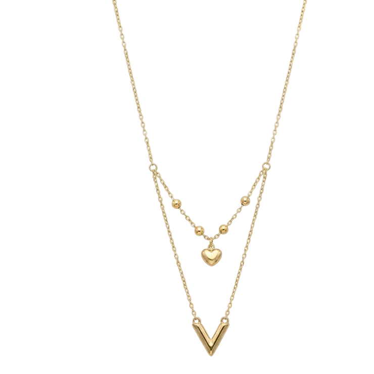 Gold necklace with heart and V-shaped pendant on a white background
