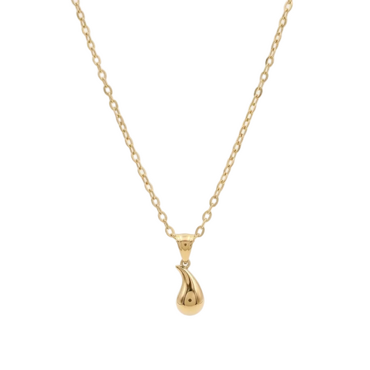 Gold teardrop pendant necklace on a white background