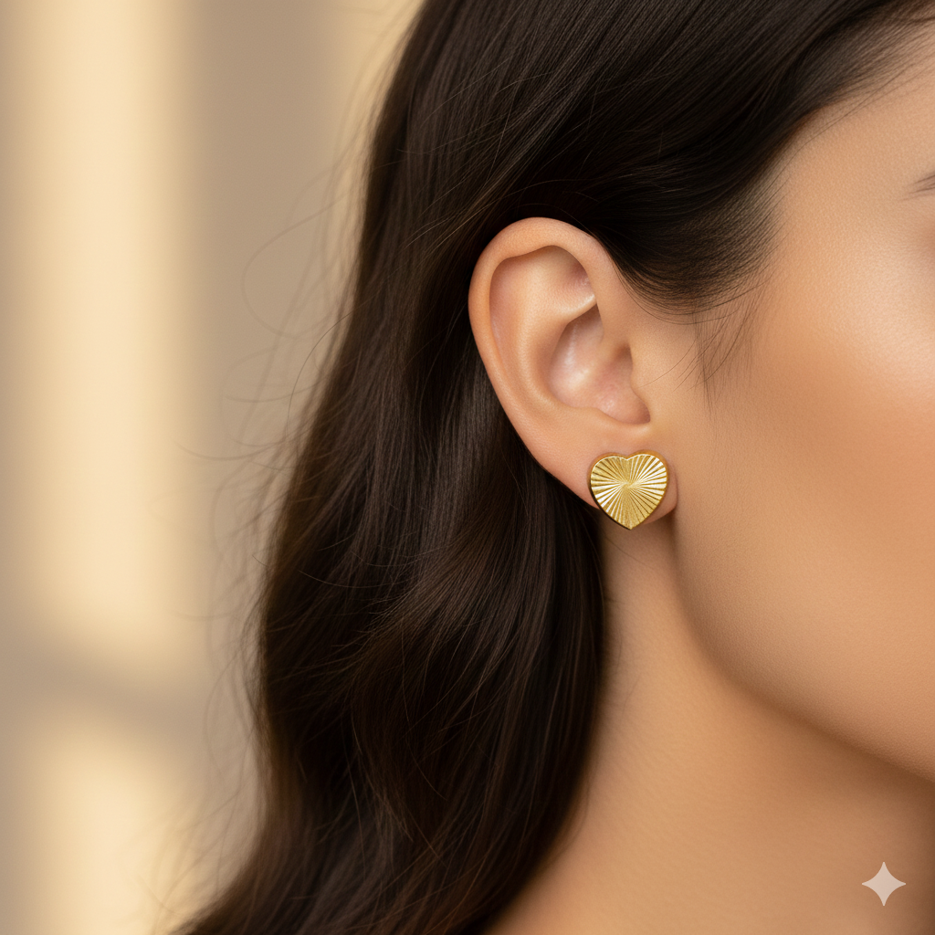 Woman wearing heart-shaped gold stud earring with a textured design