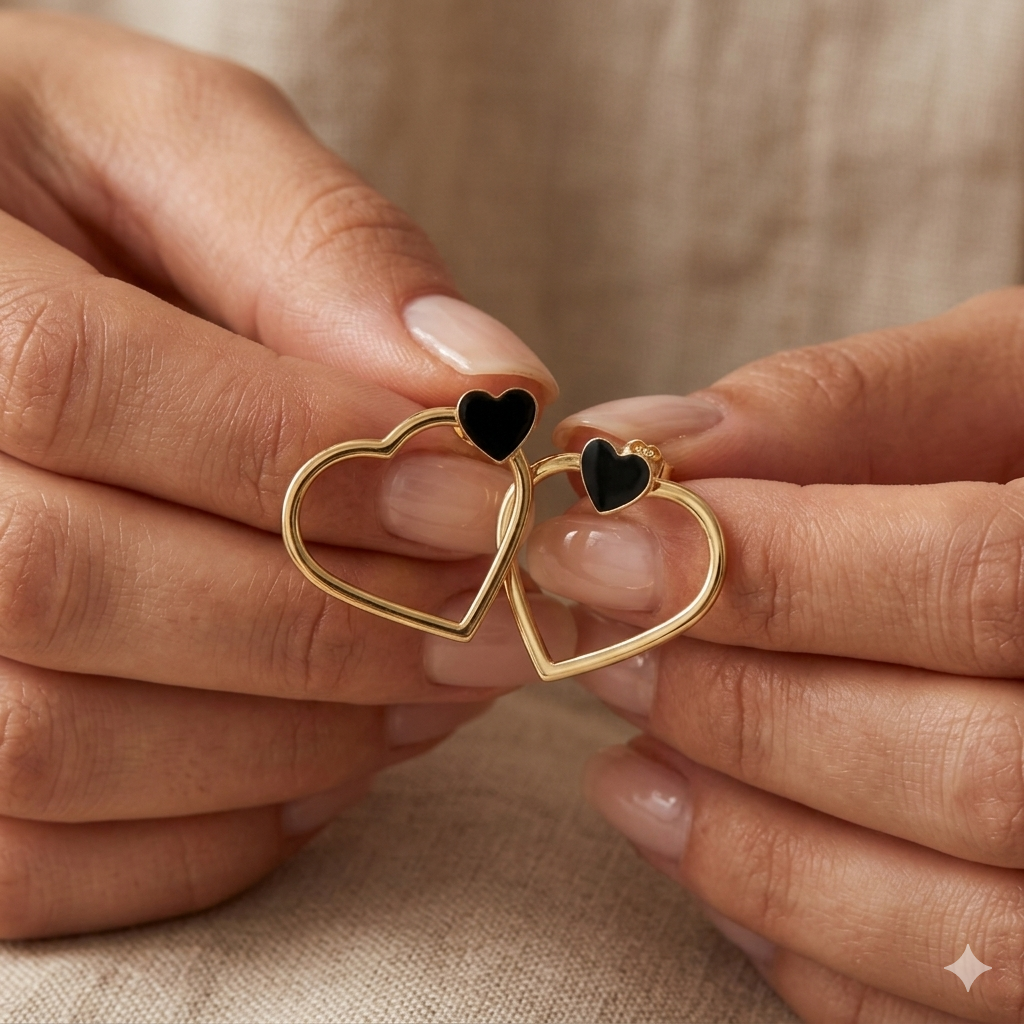 Gold heart-shaped earrings with black centers held between two hands on a beige fabric background