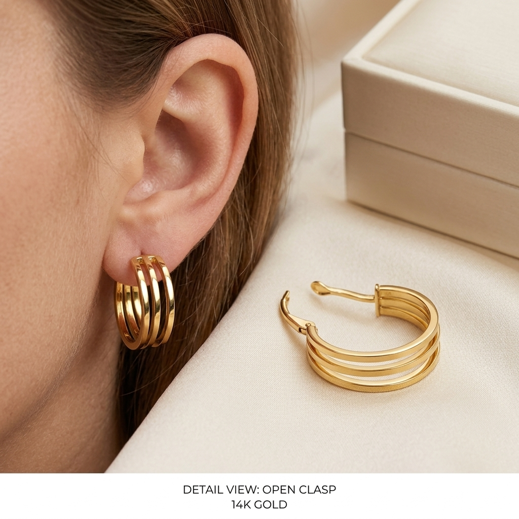Gold hoop earrings worn and displayed on a neutral background