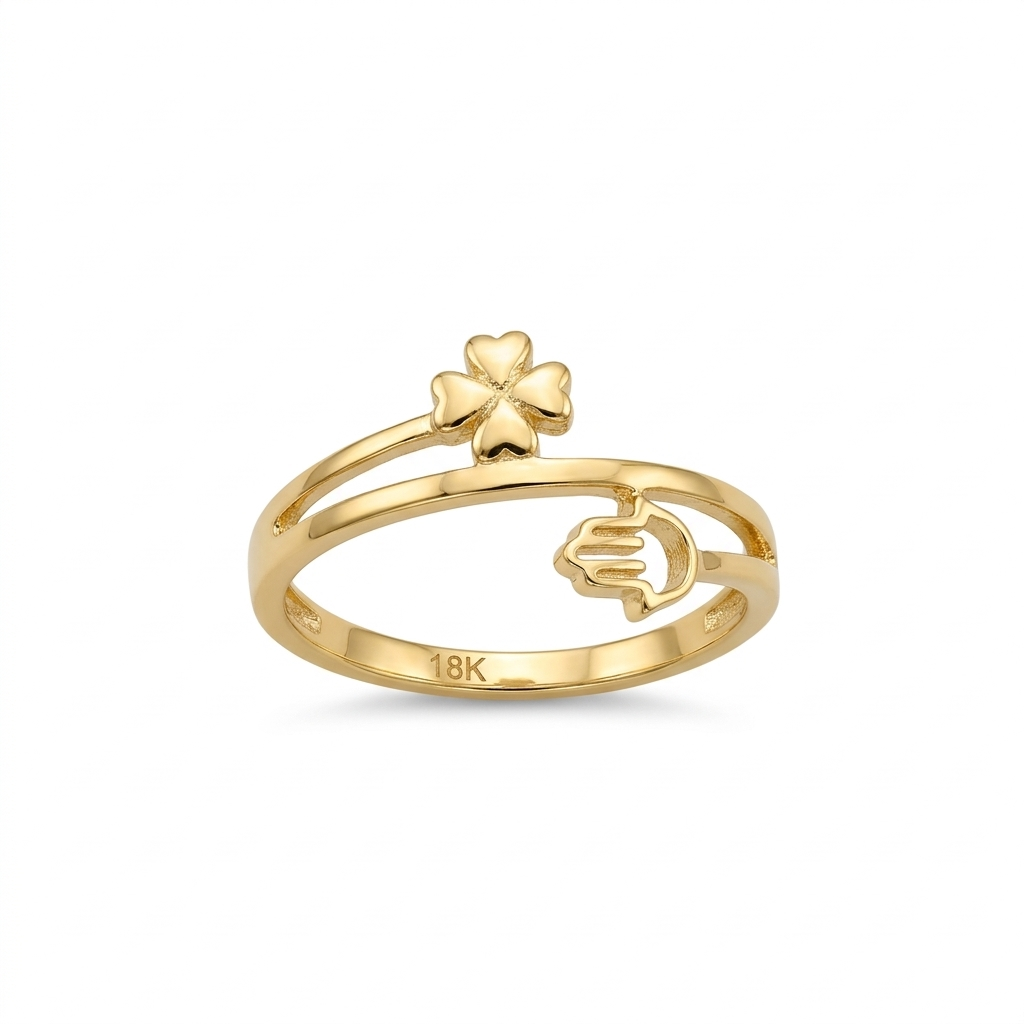 18k Gold Clover Hamsa Ring