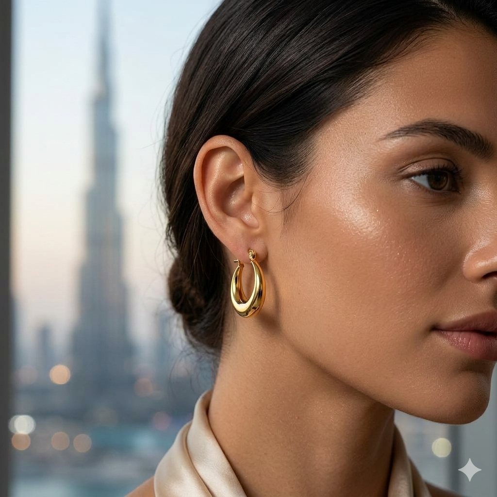 Close-up of a woman wearing gold hoop earrings with a blurred cityscape background